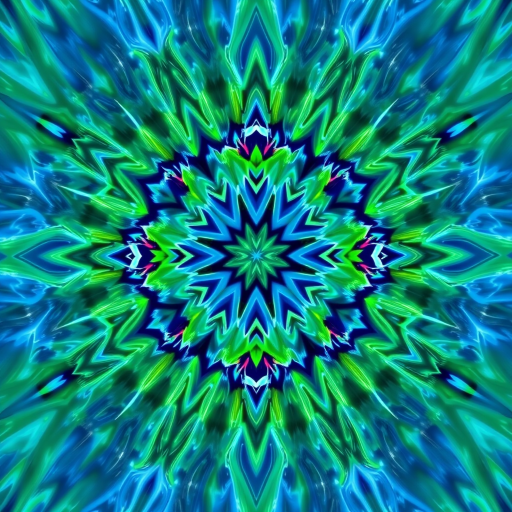 Create a high-resolution fractal art image of a cosmic design with intricate patterns of blue and green, using a DSLR camera with a 50mm lens, aperture f/1.8, 1/60s shutter speed, ISO 100, shot from a symmetrical overhead view in vibrant colors and deep contrast.