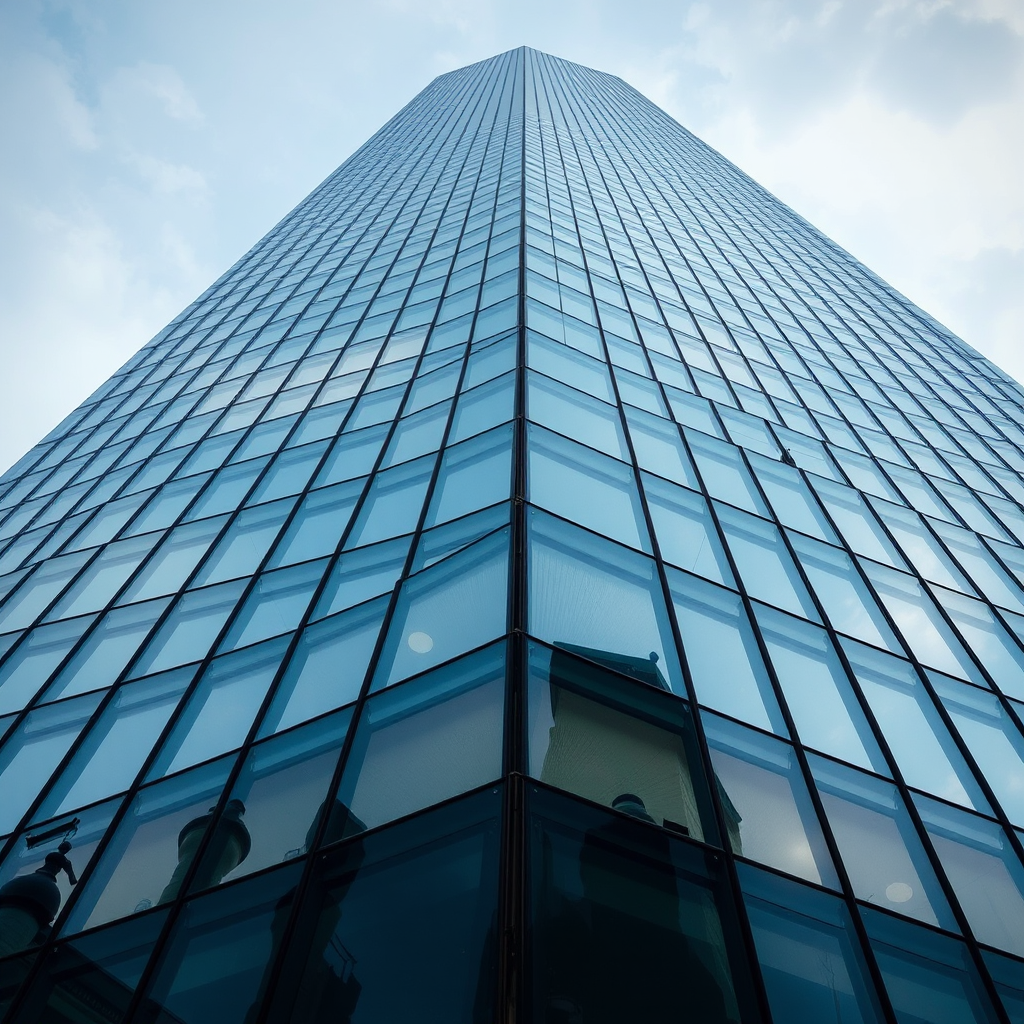 high-resolution image of a modern skyscraper with reflective glass, captured with a DSLR camera at f/8 aperture, 1/250 sec shutter speed, ISO 100, with a wide-angle lens and shot from a low angle to emphasize height and symmetry, focus on architectural details and reflections in the glass.