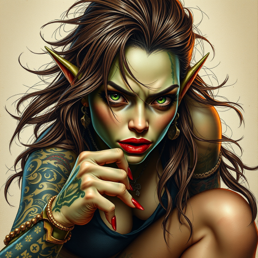 grunge, full body view, action pose, masterpiece, high detail, sharp, detailed, vivid colours, sharp, Orc Woman, (((green eyes, lipstick, brown hair, two-tone hair, long hair, messy hair, ))), cute face, beautiful girl, beautiful eyes, perfect face, piercings, tattoo, arm tattoo, leg tattoo, piercing, tattoos, tattoo, arm tattoo, back tattoo, gritty art in the style of Gustav Dore, Frank Frazetta, and Beksinski
