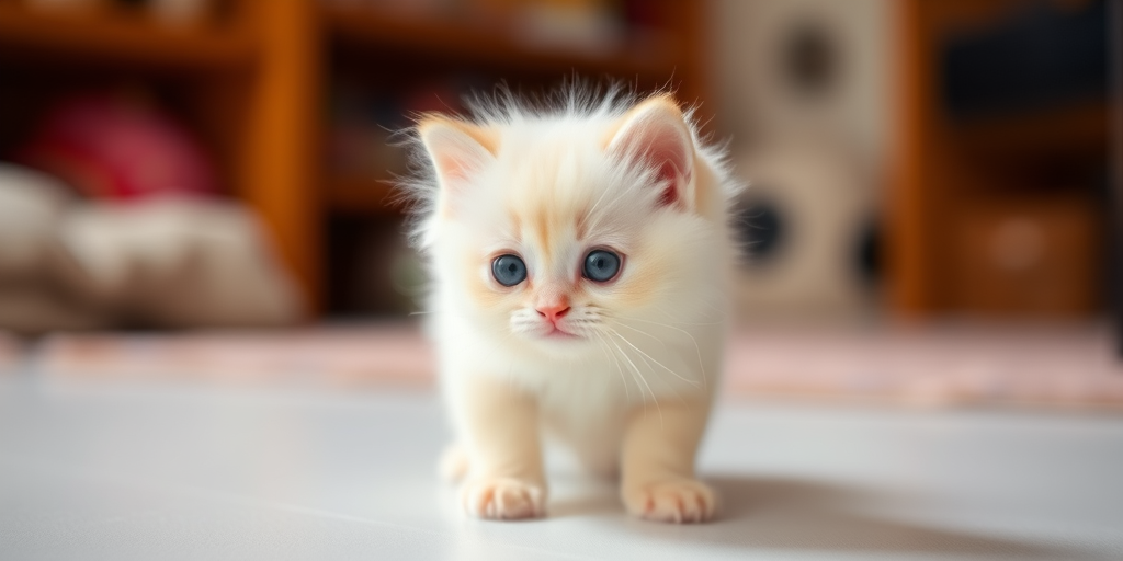 Cute fluffy kitten with soft white fur and big round black eyes standing on a light surface in a cozy indoor setting.