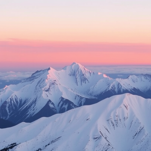 Sharp, high-resolution photo of a snow-capped mountain range at sunrise, soft pinks and oranges painting the sky, distant clouds gently rolling over the peaks, and the crisp, cold air of dawn.