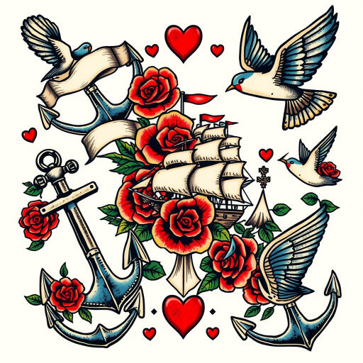 Bold traditional American tattoo named "Sailor's Legacy" featuring classic imagery of anchors ships roses and swallows rendered in thick bold outlines filled with vibrant primary colors and stark black shading incorporating traditional motifs such as banners hearts and daggers with a weathered vintage aesthetic that pays homage to the rich history of maritime tattoo culture and the artistry of early tattoo pioneers