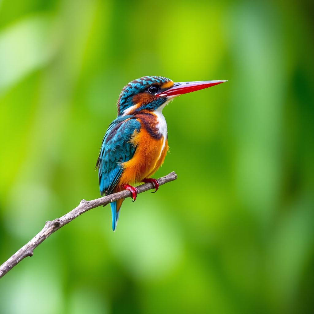 A vibrant kingfisher perched on a branch with a blurred green background, captured with a Canon EOS R5, 85mm lens, aperture f/2.8, ISO 200, shutter speed 1/250s, in soft focus style for enhanced detail and clarity.