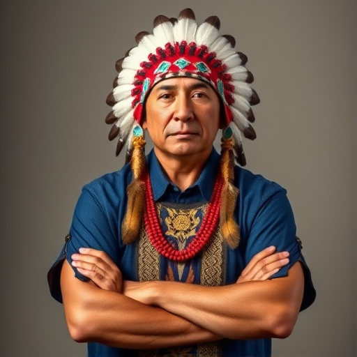 Create a dignified portrait of a Native American man dressed in traditional attire. He wears a beautifully crafted headdress adorned with white feathers and red beads, along with a beaded headband featuring intricate patterns. His clothing includes a deep blue, patterned shirt and a traditional chest piece with detailed beadwork. His arms are crossed, displaying leather armbands decorated with feathers. The background is simple and neutral, emphasizing his proud and stoic expression. The overall image captures the rich cultural heritage and strength of his persona.