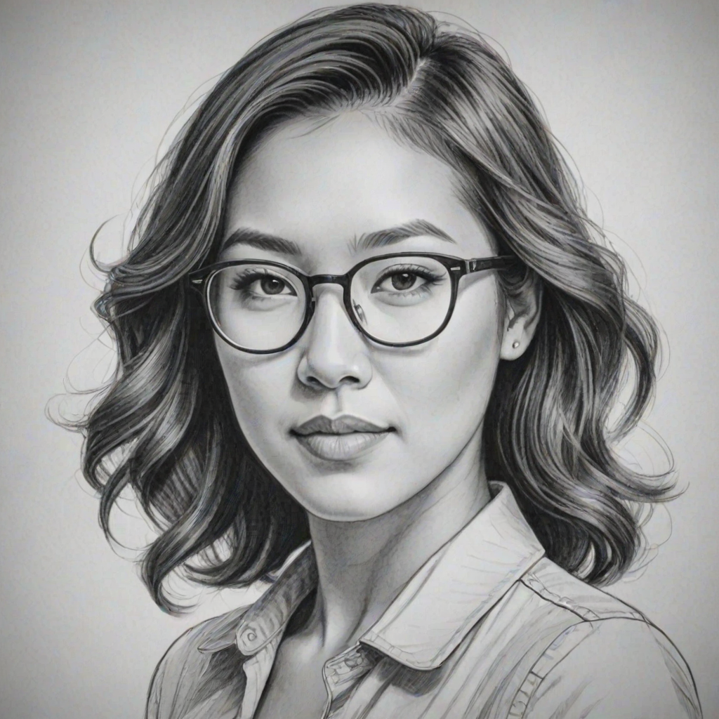 Resplendent Ally Maki, pencil sketch, portrait of Beauteous woman 1938s in glasses, hair style beatnik, outline, clear lines, fine lines, 8k