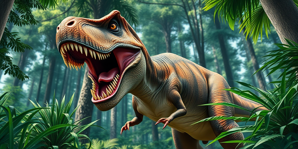 Create a highly detailed illustration of a roaring T-Rex surrounded by dense forest, using a DSLR camera with a 50mm lens, f/1.8 aperture, ISO 100, shot from a low angle to emphasize its size, in bright natural lighting for vibrant colors and sharp clarity.