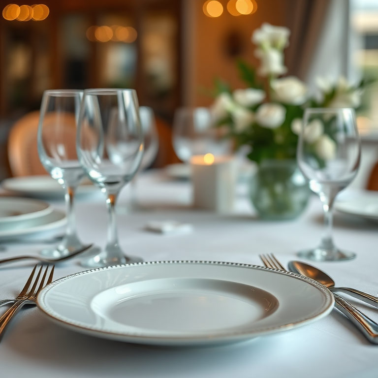 table setting with elegant plates, glasses, and cutlery, shallow depth of field, soft natural lighting, macro lens, ISO 200, aperture f/2.8, 50mm lens, focused on the plate details