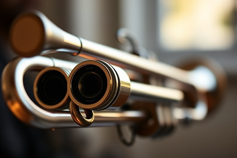 Create a high-resolution image of a detailed trumpet, shot with a 50mm lens at f/2.8, ISO 200, in natural light, with a shallow depth of field for a soft background, using a DSLR camera.