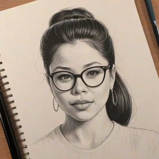 Appealing Cierra Ramirez, pencil sketch, portrait of Splendid woman 1959s in glasses, hair style beatnik, outline, clear lines, fine lines, 8k