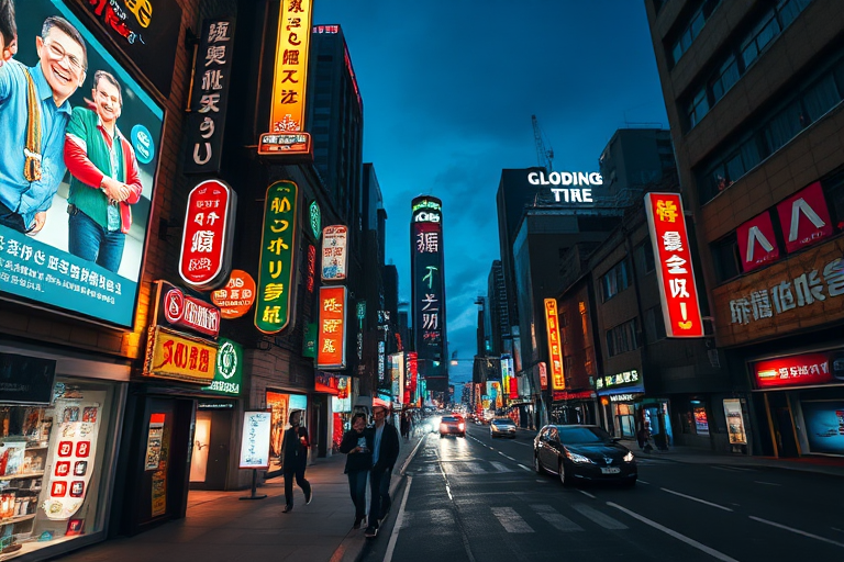 night cityscape with vibrant neon signs and busy streets, captured with a Canon EOS R5, 24mm lens, aperture f/8, ISO 100, 1/60 sec, wide angle view, HDR style, high contrast, dusk lighting