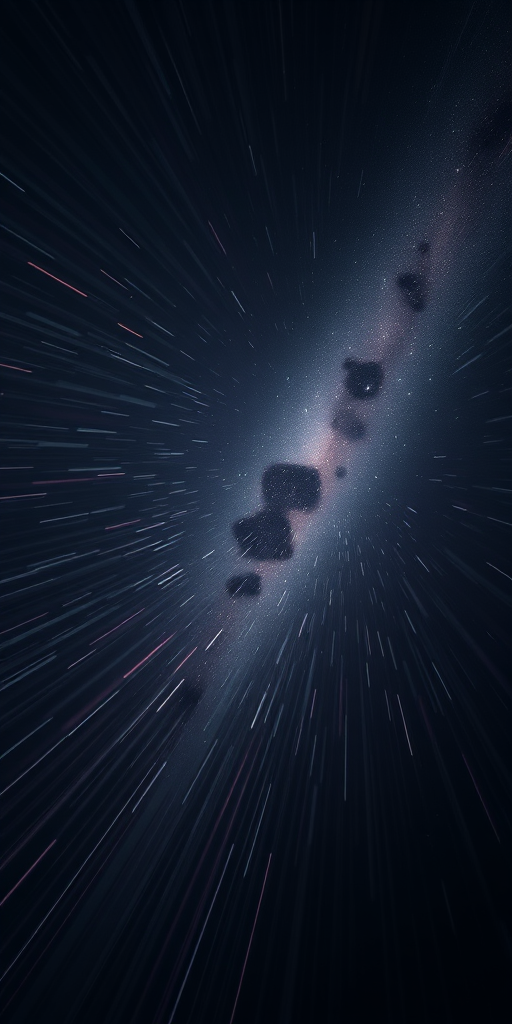 High-speed motion blur of light streaks in a dark galaxy, 24mm lens, f/2.8 aperture, ISO 400, shot at 1/60 sec, wide-angle view, using a DSLR camera with long exposure style to enhance depth and clarity.