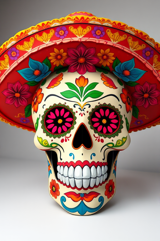 Create a vibrant illustration of a sugar skull adorned with colorful floral patterns and a large sombrero, using a Canon EOS R5 with a 50mm lens, aperture f/1.8, ISO 100, shot in high resolution, front view, with studio lighting for enhanced detail and contrast.