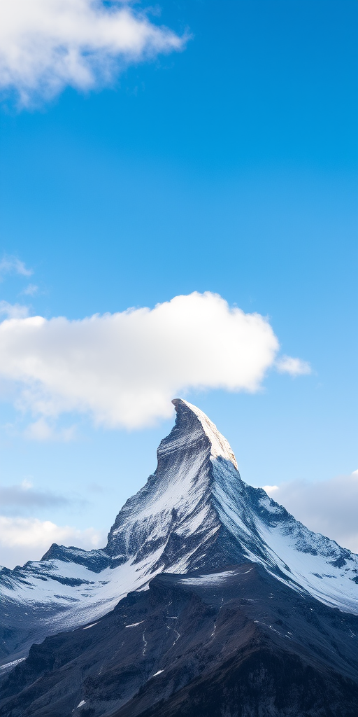 Capture a high-definition image of the Matterhorn mountain under a partly cloudy sky with vibrant blue hues, using a DSLR camera at f/8, ISO 100, shutter speed 1/250s, wide-angle lens, from a low angle to emphasize the mountain's height and grandeur.