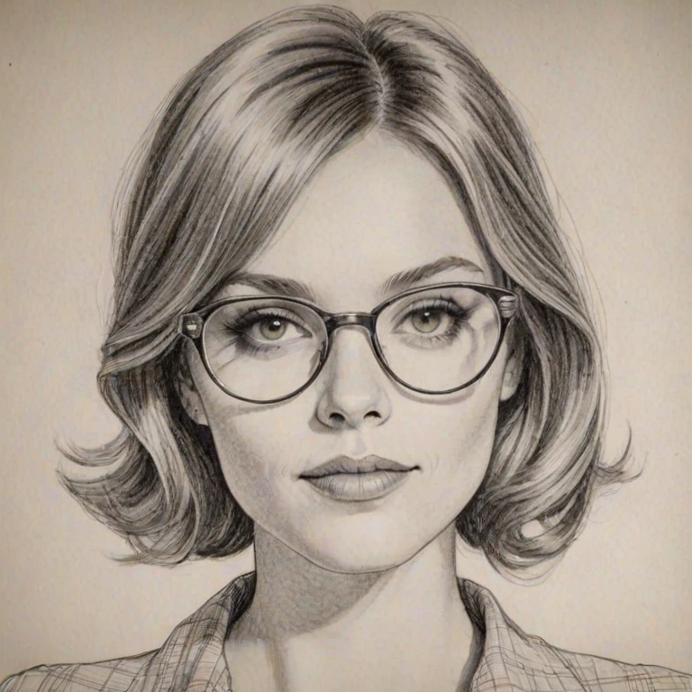 Graceful Amiee Teegarden, pencil sketch, portrait of Ravishing woman 1969s in glasses, hair style beatnik, outline, clear lines, fine lines, 8k