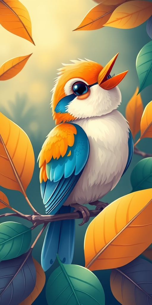 Create a vibrant, high-resolution illustration of a cheerful bird surrounded by stylized leaves, capturing soft lighting with a DSLR camera set to f/2.8, ISO 400, and a focal length of 50mm, using a portrait mode to emphasize details and enhance the colors.