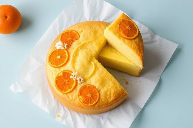 A beautifully baked round cake with a golden crust and a smooth texture, decorated with orange slices and small white flowers, placed on a white parchment paper on a light blue surface. A portion of the cake is cut out, revealing its yellow interior.