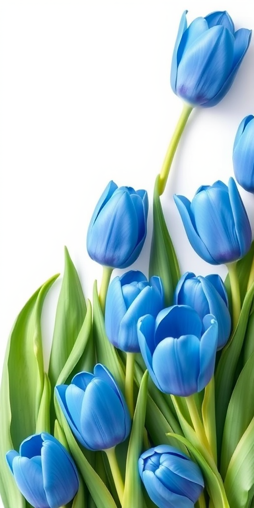 Create a vibrant illustration of blue tulips arranged in a diagonal line with soft green leaves, high resolution, 50mm lens, f/2.8 aperture, natural light, captured with a DSLR camera.