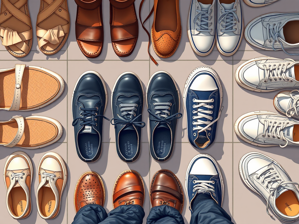 Create a high-resolution illustration of various shoe styles, including sandals, sneakers, and formal shoes, using a DSLR camera at f/4 aperture, 50mm lens, 1/125 shutter speed, natural lighting, top-down view, focus on details and textures.