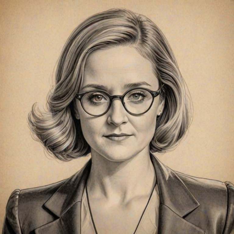 Bewitching Samantha Bee, pencil sketch, portrait of Graceful woman 1930s in glasses, hair style beatnik, outline, clear lines, fine lines, 8k