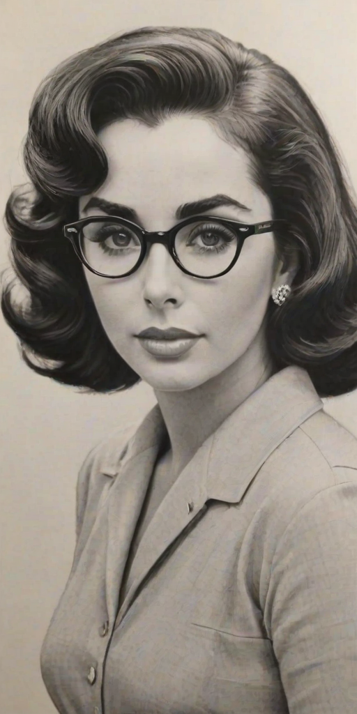 Comely Elizabeth Taylor, pencil sketch, portrait of Pleasing woman 1951s in glasses, hair style beatnik, outline, clear lines, fine lines, 8k