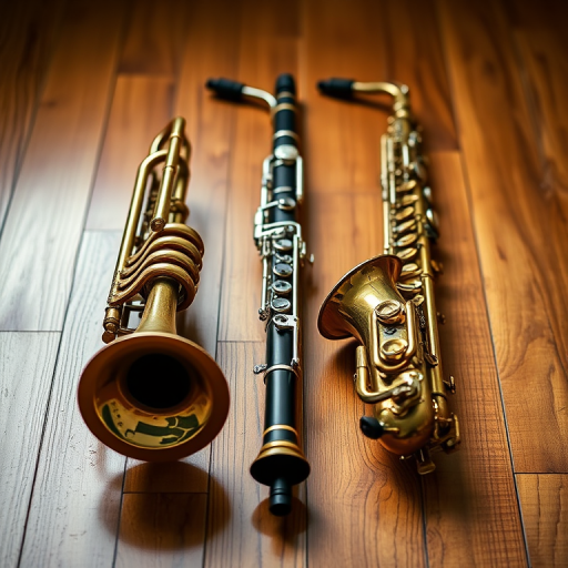 Create an artistic illustration of a trumpet, clarinet, and saxophone arranged symmetrically on a wooden surface, captured with a DSLR camera at f/2.8 aperture, 50mm lens, shallow depth of field, natural lighting, emphasizing rich textures and reflections.
