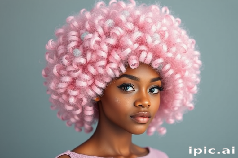Whimsical cotton candy pink curls in a voluminous afro shape, crafted by Bubblegum Cloud, showcasing perfectly defined spirals with subtle lavender and periwinkle accents throughout