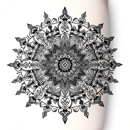 Intricate blackwork mandala tattoo called "Cosmic Geometry" with precise linework forming intricate patterns radiating outward, incorporating sacred symbols and dotwork shading for depth