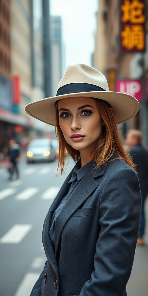 Regenerate an image of a confident woman in a stylish suit and wide-brimmed hat, set against a busy city street background, captured with a DSLR camera, aperture f/2.8, shutter speed 1/250s, ISO 100, in a portrait view with soft lighting for enhanced details.