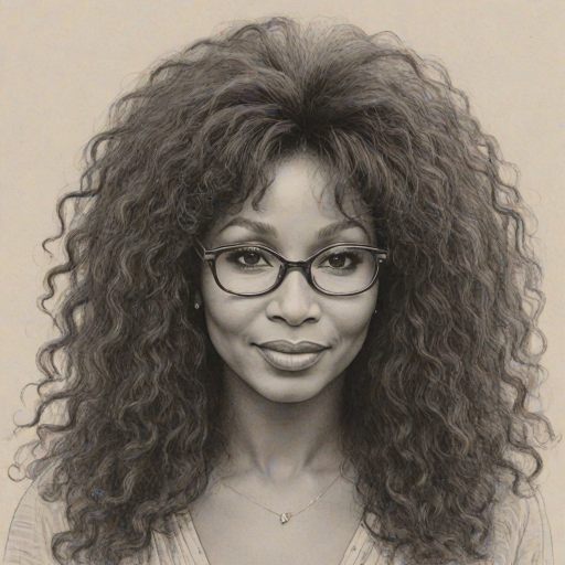 Charming Chaka Khan, pencil sketch, portrait of Appealing woman 1960s in glasses, hair style beatnik, outline, clear lines, fine lines, 8k