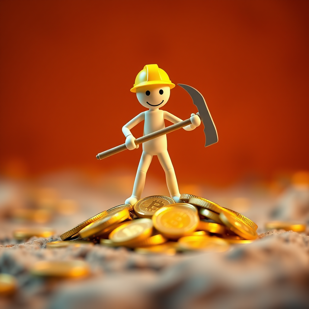 Create an image of a 3D stick figure mining for cryptocurrency, holding a pickaxe above a pile of shiny gold coins, in a bright and vibrant color scheme, with a shallow depth of field, using a DSLR camera set to f/2.8, ISO 100, 1/125 sec, positioned at eye level for a dynamic view.