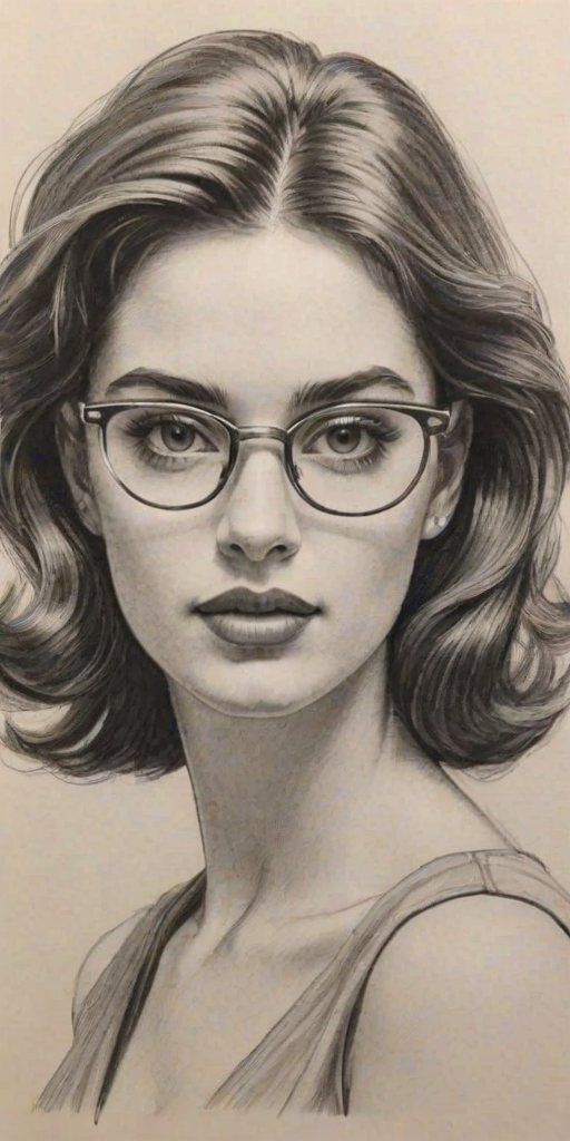 Charming Amelia Gray Hamlin, pencil sketch, portrait of Stunning woman 1956s in glasses, hair style beatnik, outline, clear lines, fine lines, 8k