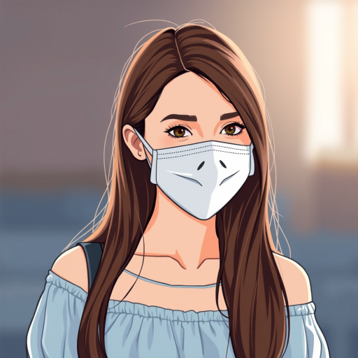 Create an illustration of a young woman with long brown hair wearing a white face mask and a light blue off-shoulder top, displaying a pensive expression, captured in soft natural light, with a shallow depth of field, using a DSLR camera with a 50mm lens at f/1.8, ISO 200, and a slight vignette effect for enhanced focus.