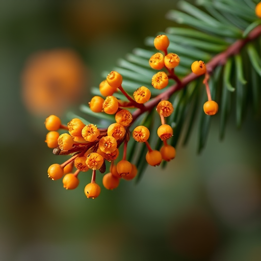 macro shot of a pine branch with small orange flowers, shallow depth of field, f/2.8 aperture, 50mm lens, ISO 100, natural light, soft bokeh background, focus on floral details, DSLR camera