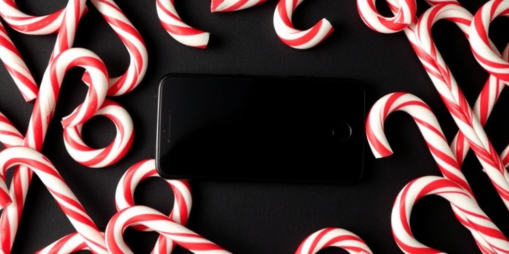 Generate an image of a smartphone surrounded by red and white striped candy canes, positioned centrally with a clean black background, using a DSLR camera with a 50mm lens, aperture set to f/2.8, ISO 100, and a shallow depth of field for enhanced focus on the phone and candy canes.