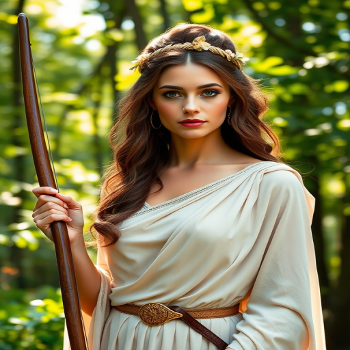 Create a portrait of a goddess-like Coptic girl figure in a tranquil, forested environment. She has an elegant appearance with long, wavy hair styled in an updo and adorned with a delicate, floral headband. She wears a flowing, ancient Greek-inspired gown in a soft, pale color, featuring a one-shoulder design and draped fabric that accentuates her graceful form. The outfit includes a decorative belt with ornate gold detailing, and she holds a bow in her hand, with a quiver of arrows slung over her shoulder. The background depicts lush greenery, with sunlight filtering through the trees, casting a gentle, ethereal light on the scene. Her expression is calm and contemplative, embodying a sense of wisdom and serenity.
