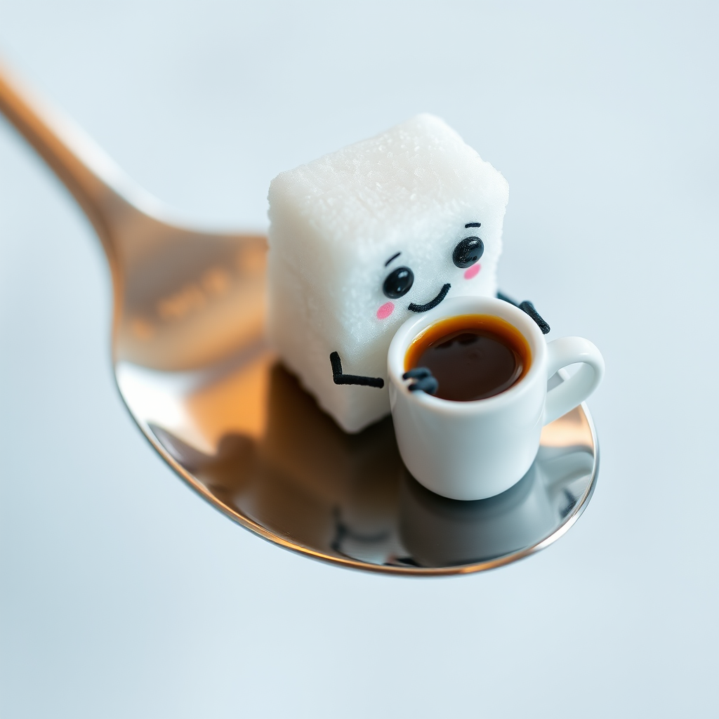 A sugar cube with a face and legs, sitting on a spoon and sipping a tiny cup of coffee.