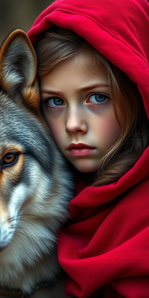 create a detailed portrait of a young girl wearing a red hooded cloak, with a friendly wolf beside her, soft lighting, high-resolution, DSLR camera, aperture f/2.8, focal length 50mm, shallow depth of field, 4K quality
