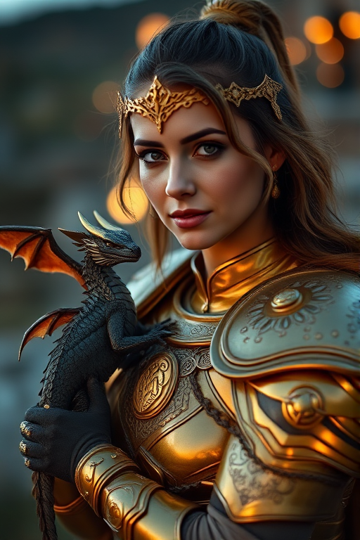 Create an image of a fantasy warrior woman with golden armor and a small dragon, shot in a shallow depth of field with an aperture of f/1.8, using a 50mm lens, at dusk to capture soft bokeh lights in the background, with a Canon EOS R5 Camera for high resolution.