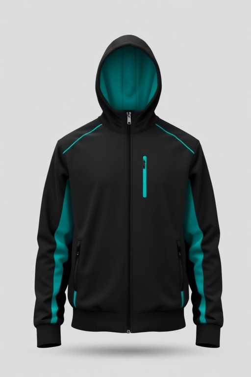 a high-quality vector illustration of a black zip-up jacket with teal accents, captured in a clean, simple studio setting, using a DSLR camera with a 50mm lens at f/2.8, ISO 100, and a soft diffused light for an even illumination