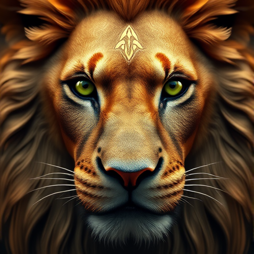 Create a hyper-realistic 3D rendering of a lion's face adorned with intricate golden patterns and vibrant green eyes, captured with a Canon EOS R5 at f/1.8, ISO 100, 50mm lens, using a macro photography style for detailed texture enhancement.