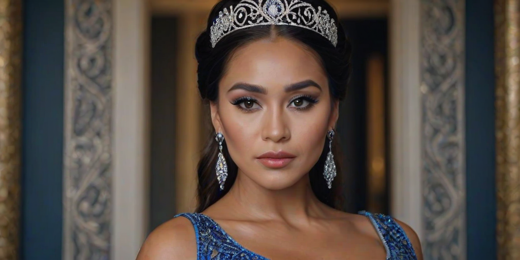 A gorgeous Maori woman in a luxurious blue gown, accessorized with a dazzling tiara and statement earrings, her deep black eyes highlighted by impeccable makeup, poised in a royal setting, photorealistic, 8K quality