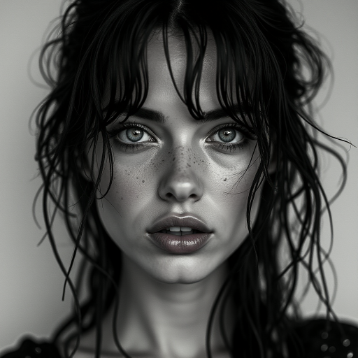 a striking portrait in the style of black-and-white photography, dramatic high-contrast lighting eloquently tracing the intricate details of hand-drawn pen strokes, a beautiful Nordic woman tousled hair and shining, focus on blue eyes and red lips, radiating with intensity portrait that highlights her dark , wet, . The monochromatic statement features her pale skin colored by tiny beads of sweat and water droplets, showcasing a hyper-detailed composition that focuses entirely on her unforgettable face. The stylized composition basks in atmosphere and mystery, created by the powerful, piercing gaze of the water-driven Nordic woman as she commands an intense and mesmerizing aura within the limited frame. Composed to evoke a sense of nostalgic wonder, this portrait perfectly captures the essence of a bygone era.
