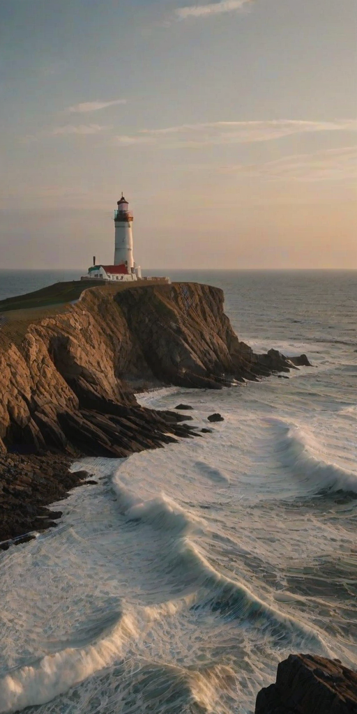 Sharp, detailed photo of a lighthouse standing tall on a rocky cliff, soft light from the setting sun reflecting off the ocean below, distant waves crashing against the shore, and the feeling of solitude and strength.