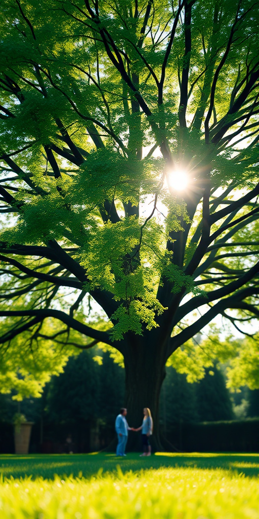 Capture a serene scene of two figures standing under a large, lush green tree on a bright sunny day, using a DSLR camera with a 50mm lens, f/2.8 aperture, ISO 200, and a slight bokeh effect, shot from a low angle to emphasize the tree's grandeur and the vibrancy of the green grass.