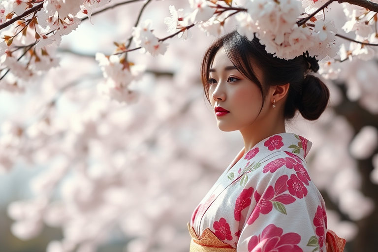 Create an image of a woman in a traditional kimono standing under blooming cherry blossom trees, soft sunlight filtering through the flowers, shallow depth of field, taken with a 50mm lens at f/1.8, ISO 100, with a Canon DSLR camera, in vibrant color to enhance detail and clarity.