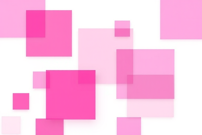 generate a vibrant abstract image of overlapping pink transparent squares on a white background, use a high-resolution setting of 300 DPI, shot from a top-down perspective, in a digital art style, using a DSLR camera with an aperture of f/8 and ISO 100 for enhanced clarity and detail