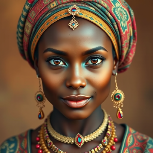 Create a portrait of a beautiful Creole woman with striking brown eyes and a gentle expression. She is adorned in traditional attire with intricate patterns, including a richly embroidered headscarf and matching garments. Her jewelry includes a delicate headpiece, dangling earrings, and ornate bracelets, all featuring vibrant gemstones and detailed metalwork. The background is soft and warm, enhancing the rich colors of her outfit and jewelry.