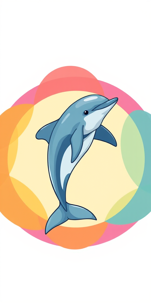 Create an illustration of a dolphin in a vibrant circle design with overlapping colored segments, use a Canon EOS R5 camera, set aperture to f/5.6, shutter speed at 1/200s, ISO 100, in a standard wide-angle view, using a modern digital illustration style.