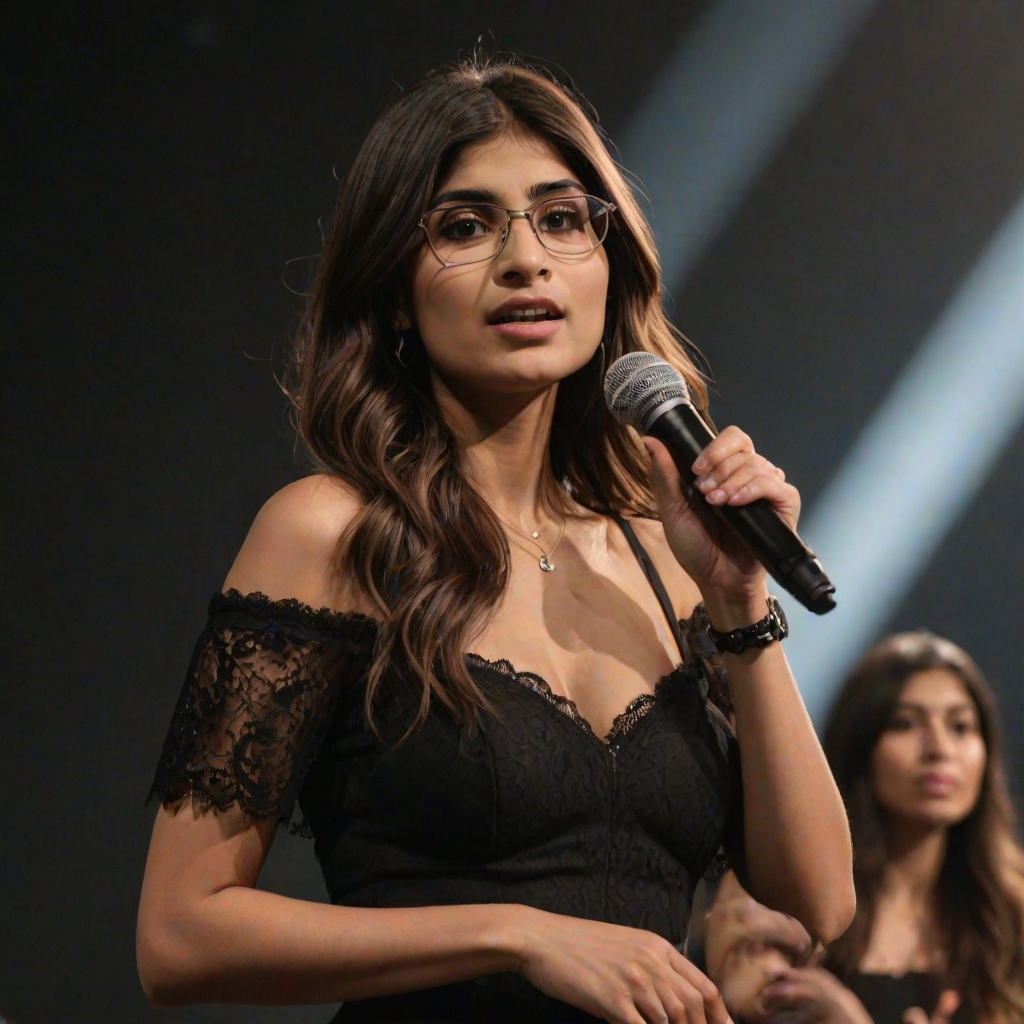 mia khalifa with long, flowing brown hair is standing in the center of the frame, holding a microphone in her right hand, and looking slightly off to the right side of the frame. She is wearing a black, off-the-shoulder dress with delicate lace detailing. The lighting is warm and dramatic, creating a spotlight effect on the singer. There are other figures in the background, blurred and out of focus, suggesting a concert or performance setting. The camera angle is low, capturing the woman from the waist up. The overall atmosphere is intimate and captivating.