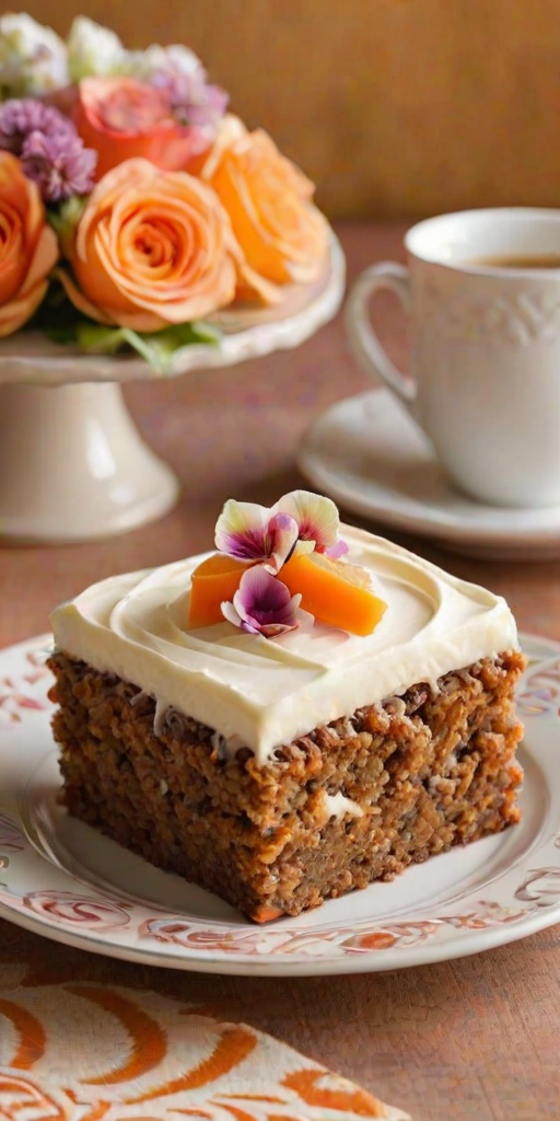 Generate an image of a dessert resembling a moist carrot cake square topped with swirls of cream cheese frosting. The cake is placed on a decorative plate with floral designs, and there are hints of orange zest and other fruits in the background. The overall presentation should look inviting and appetizing.